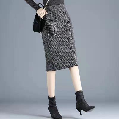 Thickened Houndstooth Knit Pencil Skirt Women High Waist A Line Midi Skirt Winter Autumn
