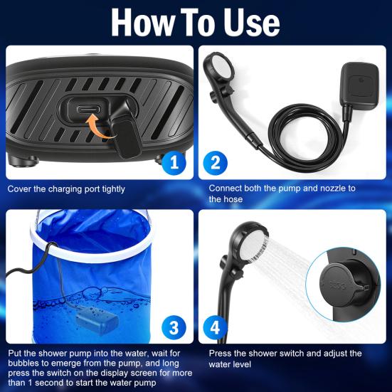 Przenośny prysznic kempingowy z wyświetlaczem LED, bateria 2400 mAh, czas użytkowania 180 min, 4 tryby prysznica, regulowane ciśnienie wody, szybkozłączka, pompa prysznicowa outdoor