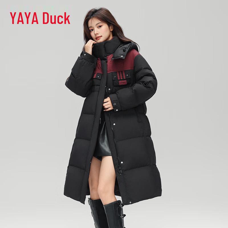 YAYA Women's Hooded Mid-Length Color-Block Down Jacket