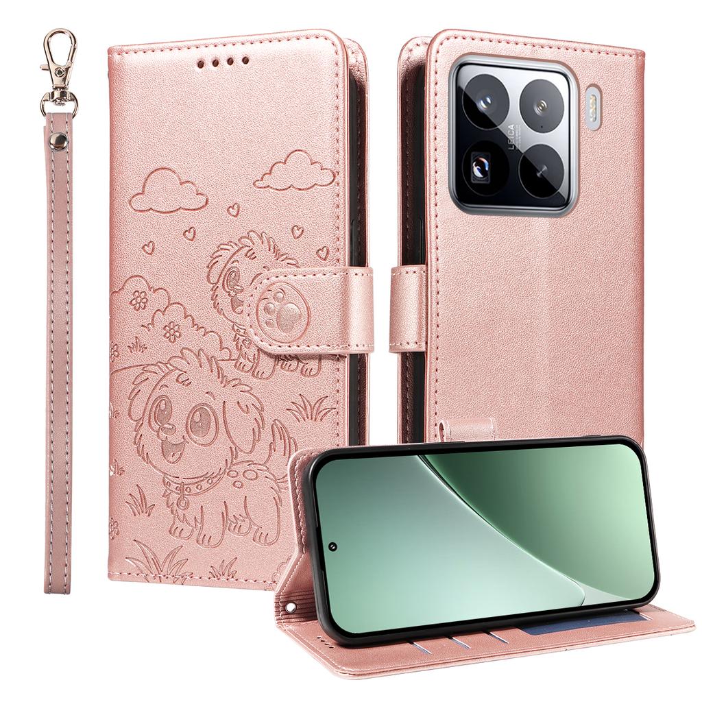 For Xiaomi 15 Pro Case RFID Blocking Imprint Dog Pattern PU Leather Phone Cover with Wrist Strap