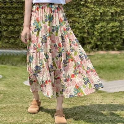 The Real Shot Is Lined with Mori-based Printed Skirt for Women's Summer New Retro Gentle Wind Elastic Waist Dress.