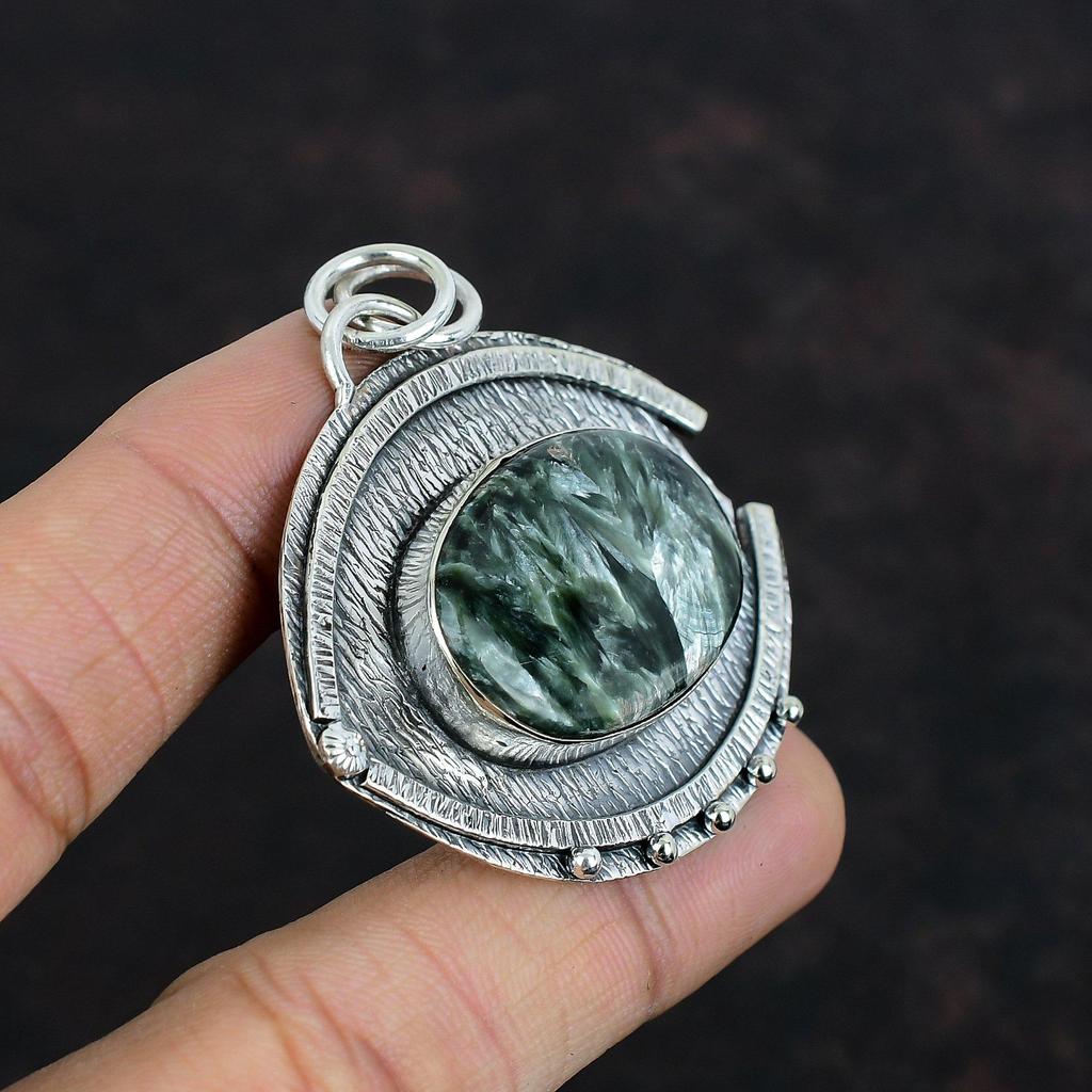 Pendentif Séraphinite Bijoux en Pierre Gemme Originale Pendentif en Argent Sterling 925 Pendentif Fait Main Pendentif Incroyable Cadeaux pour Femme Bijoux Déclaration