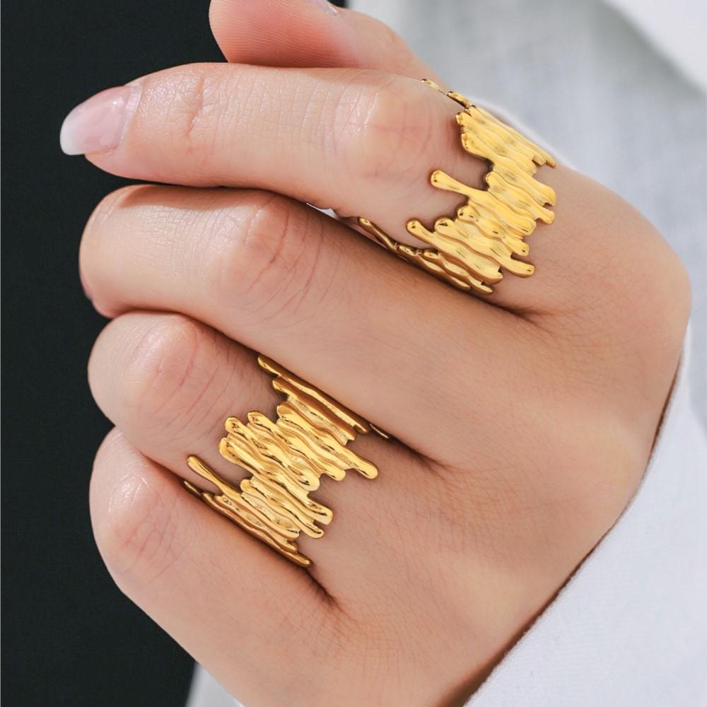 Falling Water Shape Rings In Stainless Steel For Women Men 18k Gold Plated Waterproof No Tarnish Unisex Open Ring Couple Jewelry