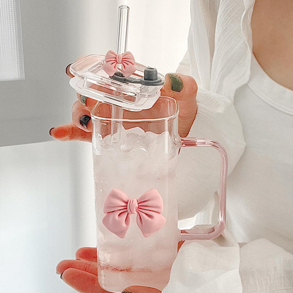 Square Shape Transparent Cup Water Bottle with Lids and Straws Clear Glass Cups with Handle Bow Knot Glasses Tumbler for Office