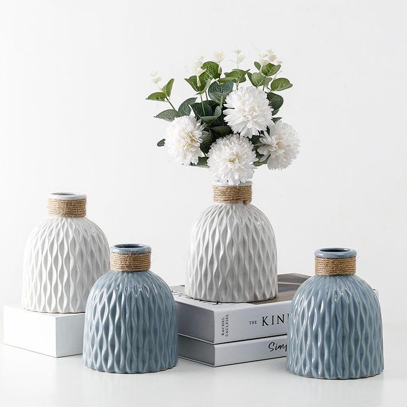 Nordic Ceramic Vase with Hemp Rope – Decorative Bottle for Living Room & Office