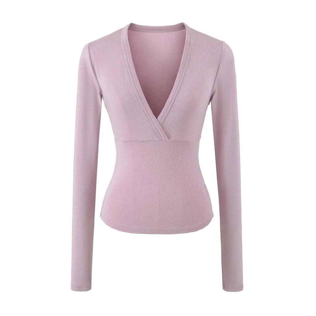 Women's Spicy American Deep V-neck Waist-cinching Long-sleeve T-shirt - Slim Fit for Autumn