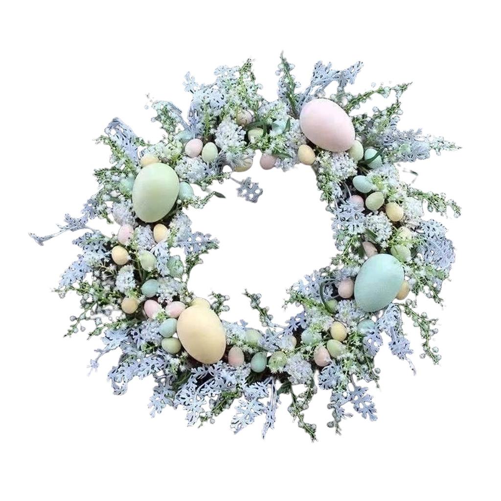 Easter Wreath with Pastel Eggs Front Door Wall Hanging Artificial Green Leaves Garland for Party Holiday Home Garden Decoration