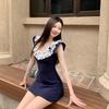 Lace Splicing Spice Girl Xiaofei Sleeve Dress Women's Summer French Coffee Break V-Neck Short Skirt Waist Skinny Mom Skirt