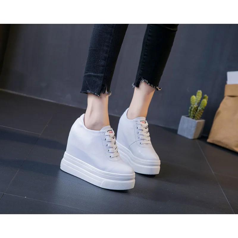 Mode 11CM Kuh Echtleder Herbst Sommer Frühling Plateau Wedges Vulkanisiert Schnürung Lässig Damen Chunky