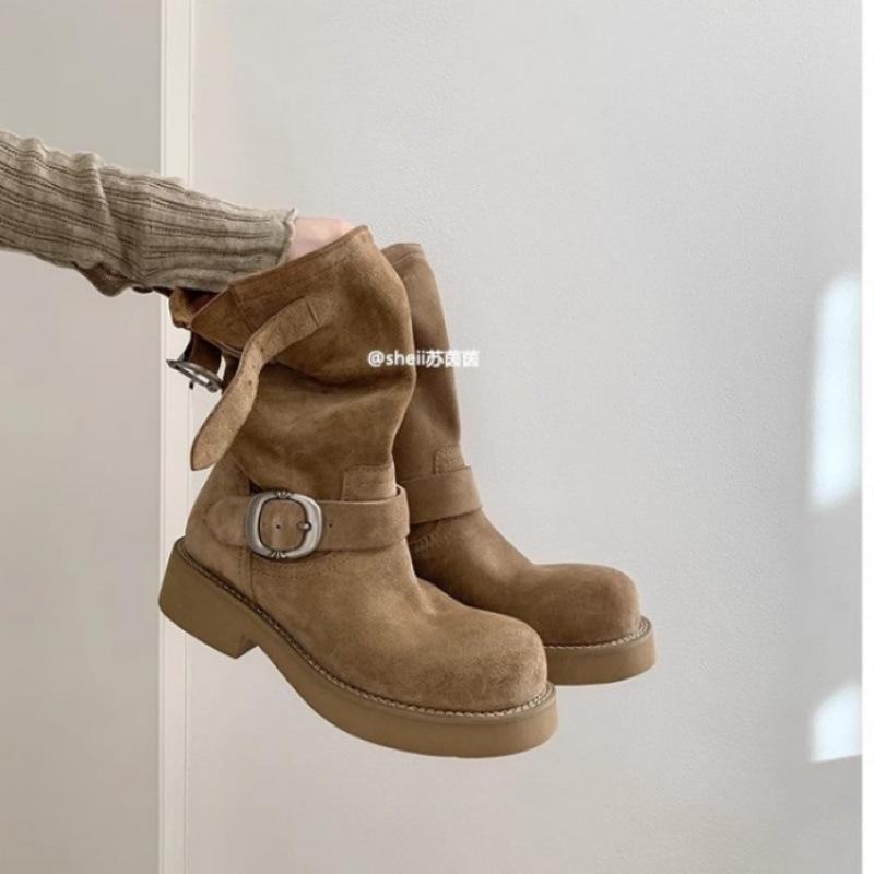 Shoes round head platform locomotive medium tube short boots women's Martin boots stacking boots autumn and winter