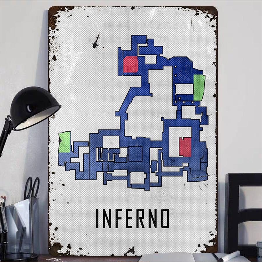 CSGO Inferno Map Metal Wall Art Gaming Room Decor for Gamers Game Enthusiast Gift Heavy Duty Iron Wall Hanging Home Decorations