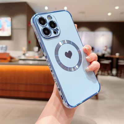 For iPhone 15 Pro Magnetic Case Love Hearts Electroplating TPU Phone Cover Camera Protection