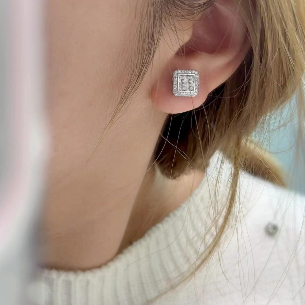 Square Double Layer Iced Out Moissanite Stud Earrings Copper Hip Hop Jewelry For Men Women