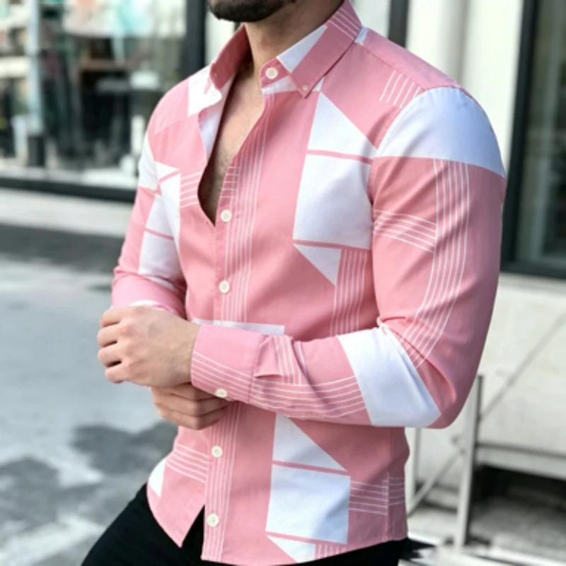 Trendy Geometric Pattern Long-sleeve Men's Shirt, Versatile for Daily and Smart Casual Looks.