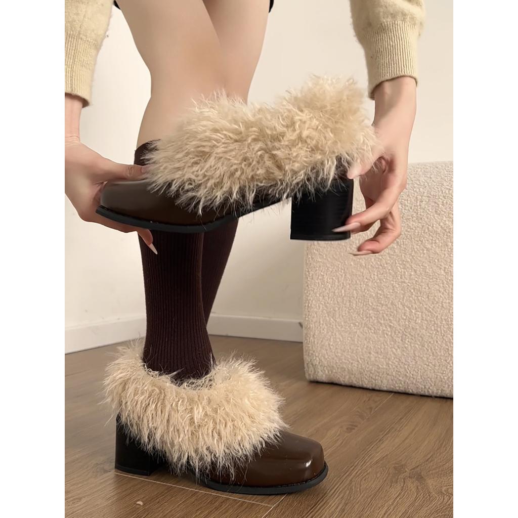 Queen Fan retro thick heel velvet small leather shoes women's winter heightening warm wool cotton shoes