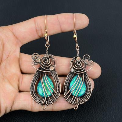 Australian Triplet Opal Gemstone Handmade Pure Copper Wire Wrapped Earrings Jewelry