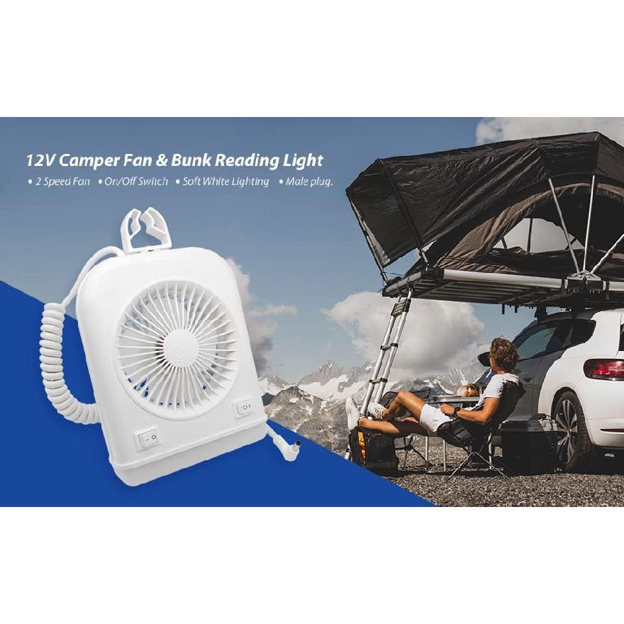 Dream lighting 12volt RV Camper Fan and LED Reading Light Combo for RV Pop UP Camping Interior Soft White Lighting with On/Off Switch 2-Speed Fan
