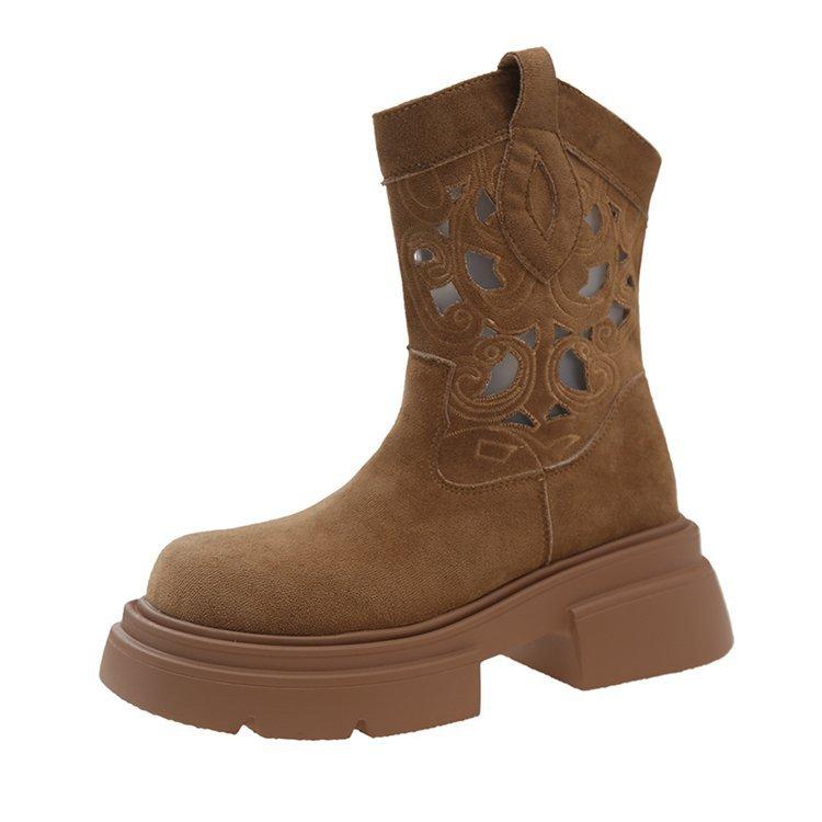 [Ushilai] Retro Western Cowboy Boots Women's New Hollow Breathable Fashion Martin Boots in Summer 2025