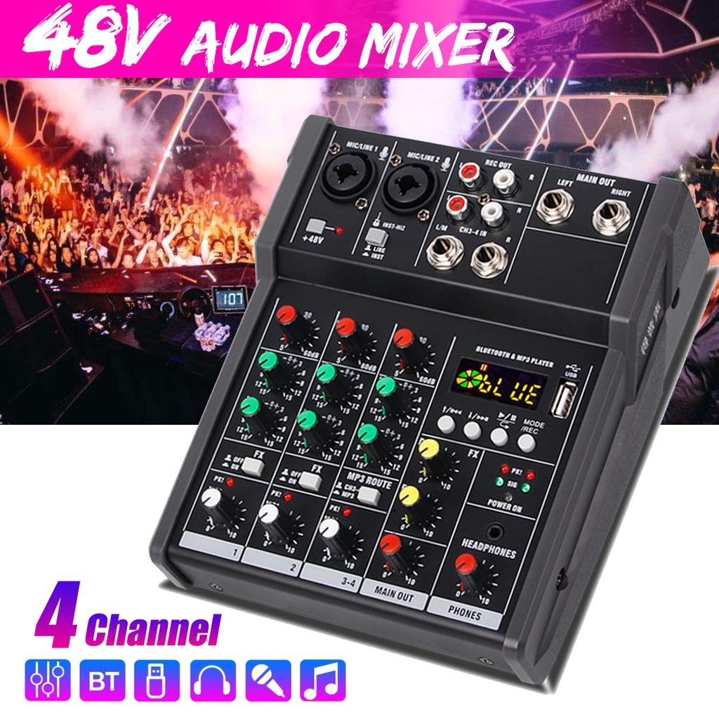 48V 4 Kanallı Bluetooth Ses Kartı Mikser Konsolu Dijital Ses Mikseri MP3 USB Girişi + Müzik Kaydı Karaoke için Phantom Güç