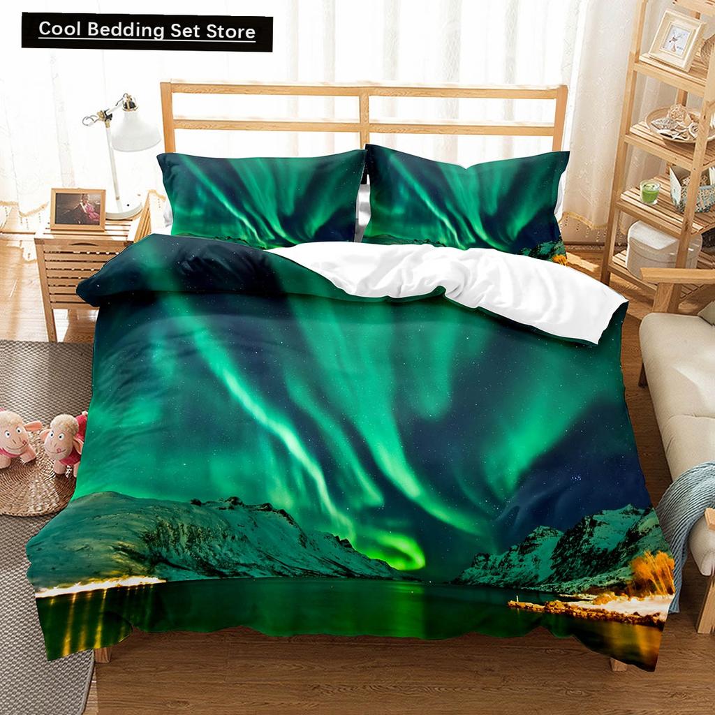 Nordlichter King Queen Bettbezug Naturlandschaft Bettwäscheset Bunter Himmelsausblick Steppdeckenbezug Polyester Bettdeckenbezug