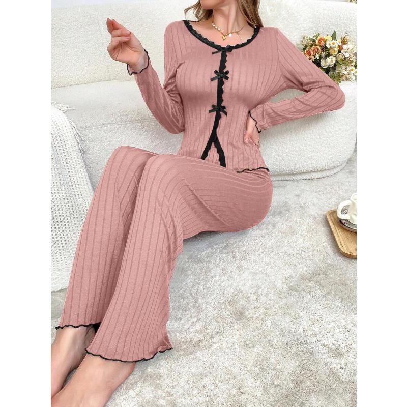 Autumn and Winter Pajamas Set Women's Lace Long-sleeved Trousers Pyjamas Two-piece Set Sleepwear Casual Loungewear