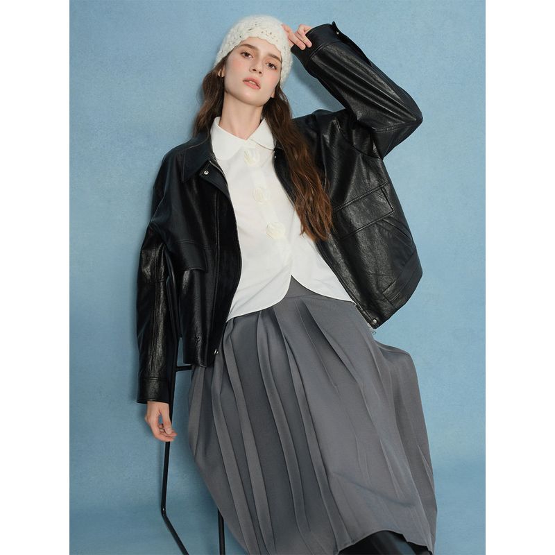 

Single bundle of Plus size [wandering poet] Retro cool wind Amber streamer leather Outwear autumn New arrival black jacket Quiet Black JP3