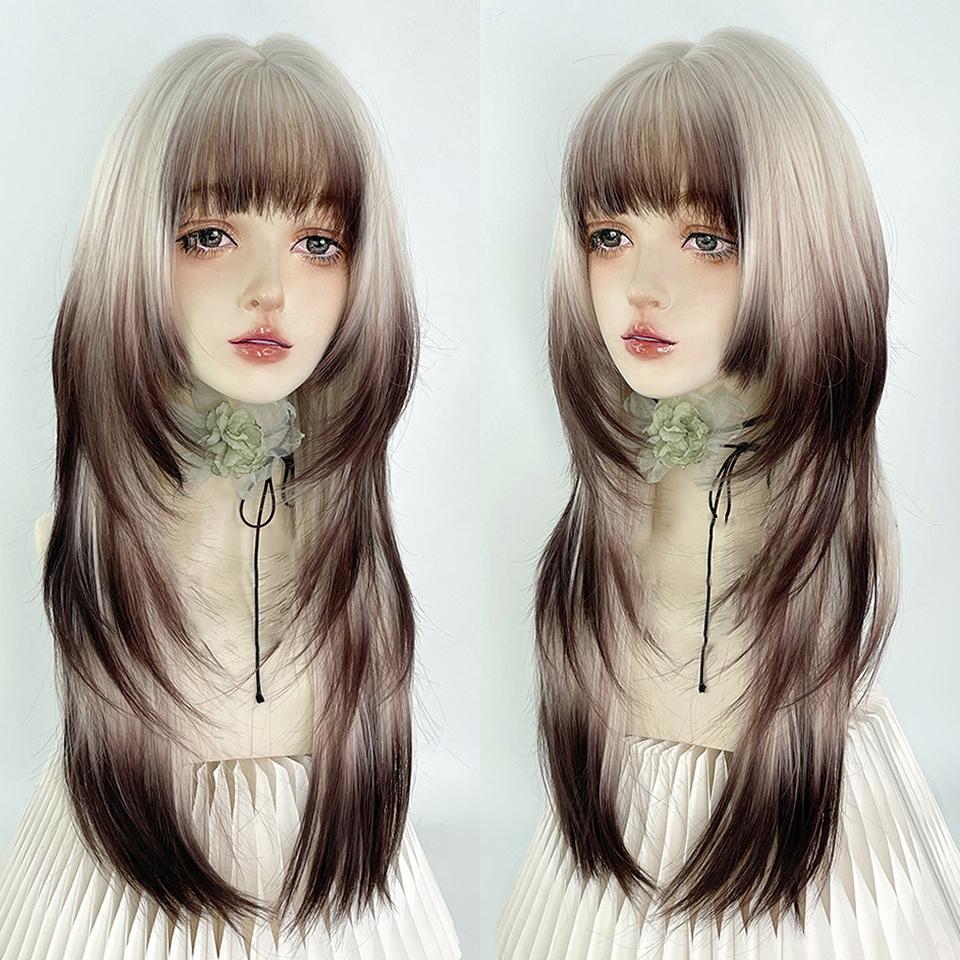 

Градиентный длинный прямой синтетический парик женский пушистый модный гладкий парик Лолита градиентный многослойный прямой длинный прямой парик с челкой 70cm