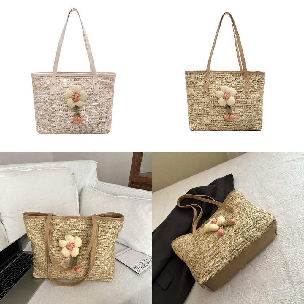 Simple Flower Decoration Large Capacity Women Casual Grass Woven Bag For Everyday Travel