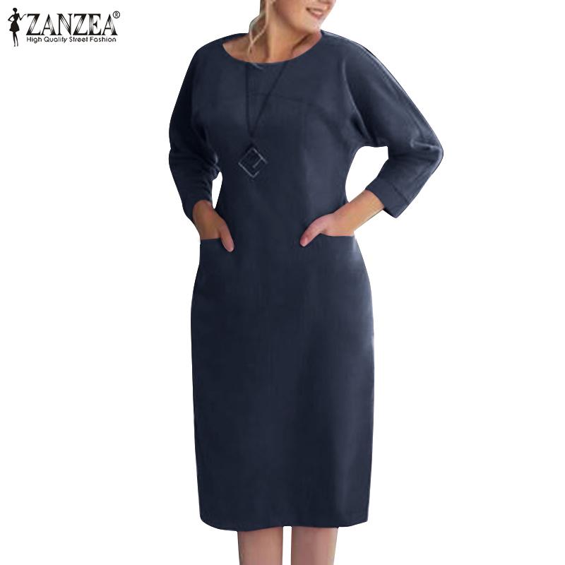 

ZANZEA Женское повседневное однотонное свободное платье с круглым вырезом и рукавами 3/4
