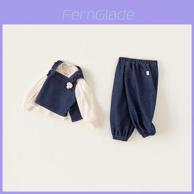Erdbeer-Pilz-Dekor Kinder Herbst Oberteil Jeansweste Hose Dreiteiliges Set Für Freizeitkleidung