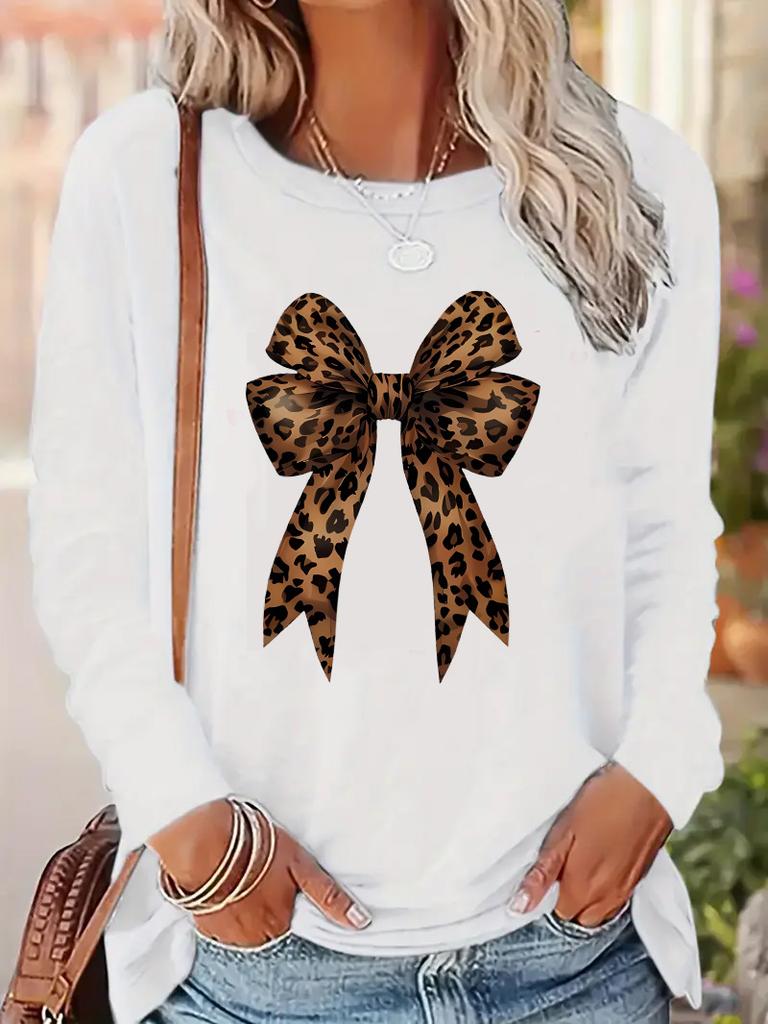 Bow Heart Love Leopard Print Long Sleeve Shirt Funny T Shirt Women's Print T-Shirt Crew Neck Top Tee Tshirt Casual