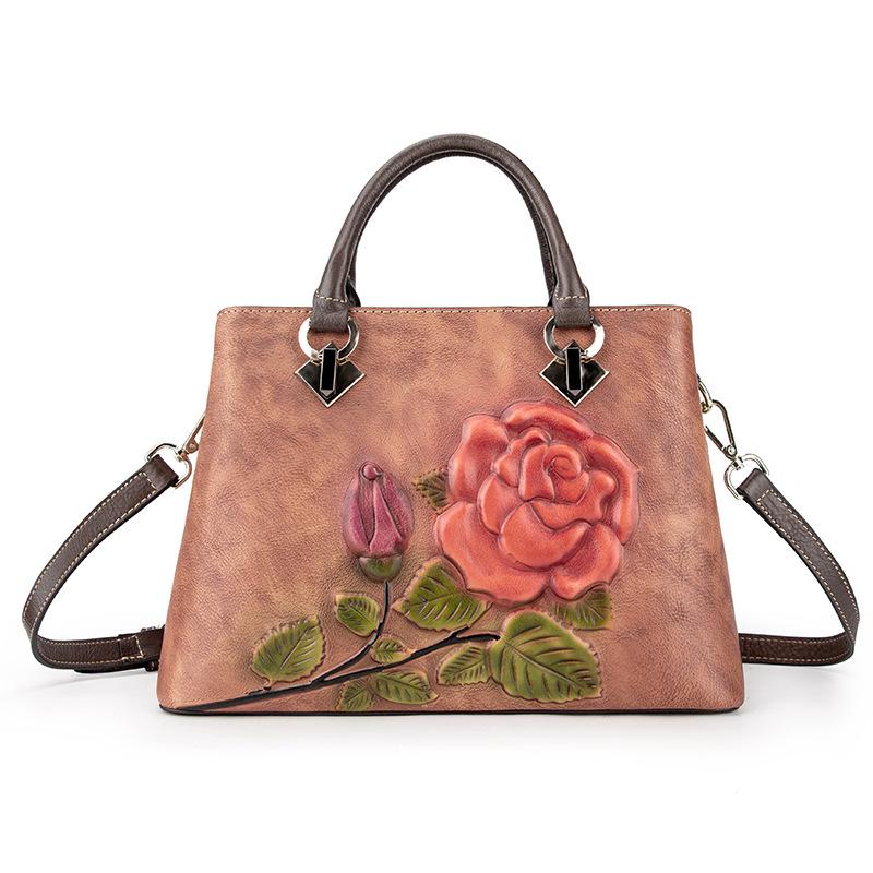 Johnature Vintage Handbag Handmade Embossing Cow Leather Women Bag Large Capacity Floral Female Shoulder Messenger Bags