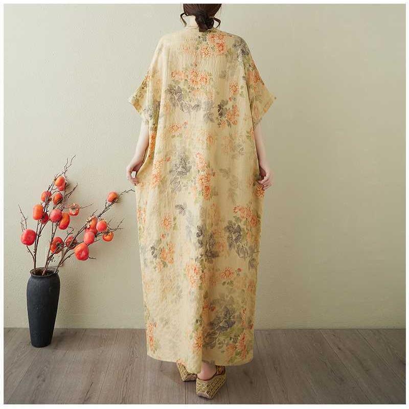 Kvinners Vintage Lang Kjole med Bomulls- og Linputter