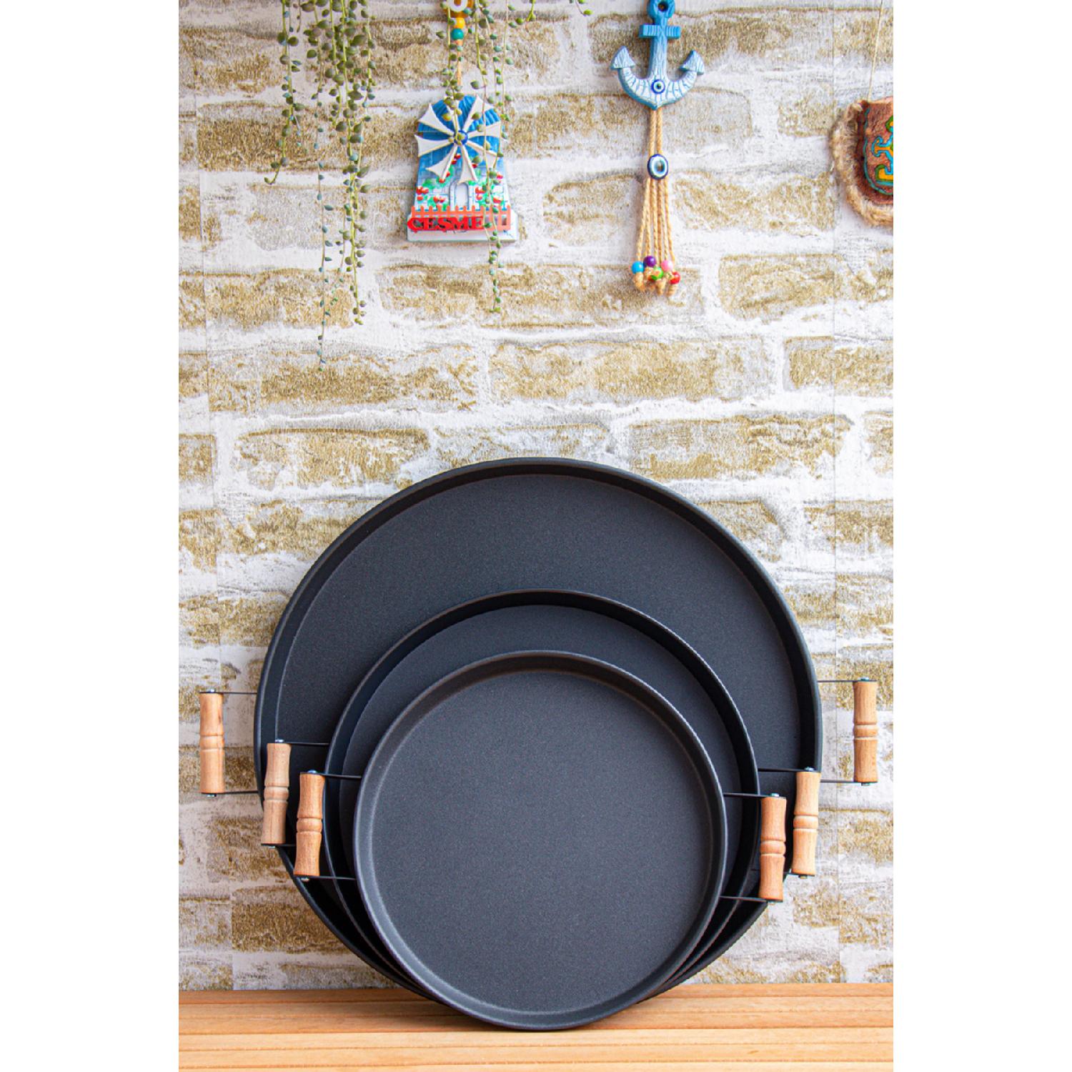 

3 куска (51, 37, 30см) Металлический поднос с деревянными ручками Поднос для чая Поднос для кофе Набор подносов для презентаций Черный