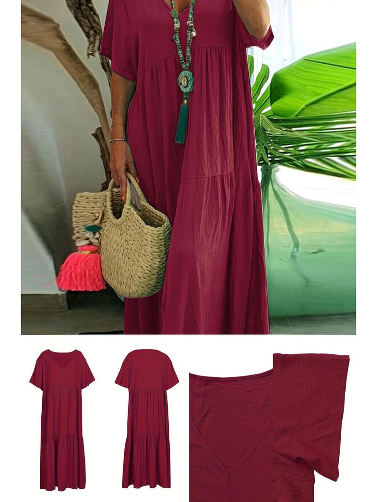 2025 Sommer Damen Einfarbig Locker Kurzarm Schwingkleid