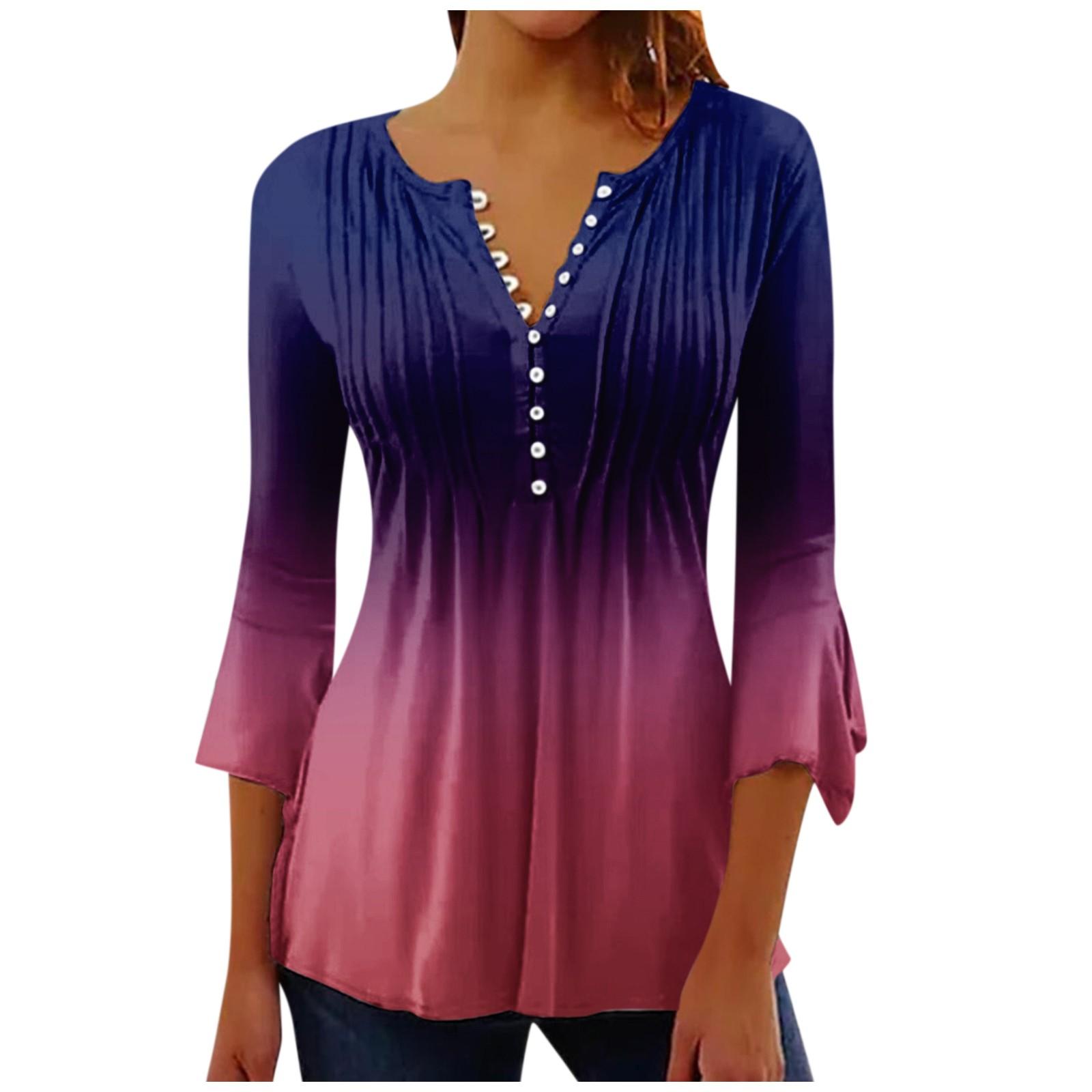

Button Down Top For Women Gradient Color Print Tops Casual Bell 3/4 Sleeve V Neck Top XXL фіолетовий