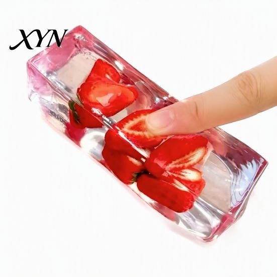 Non Rebound Squeeze Toys Clear Bar Toy with Fake Fruit Inside, Stress Relief Shapeable Flexible Sensory Stick Toy, Transparent Strip Figdet