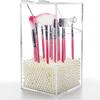 Acrylic Brush Holder,Dustproof Makeup Brush Organizer with Lid, Covered Cosmetic Brush Holder with White Pearls,Clear -NEWCREA