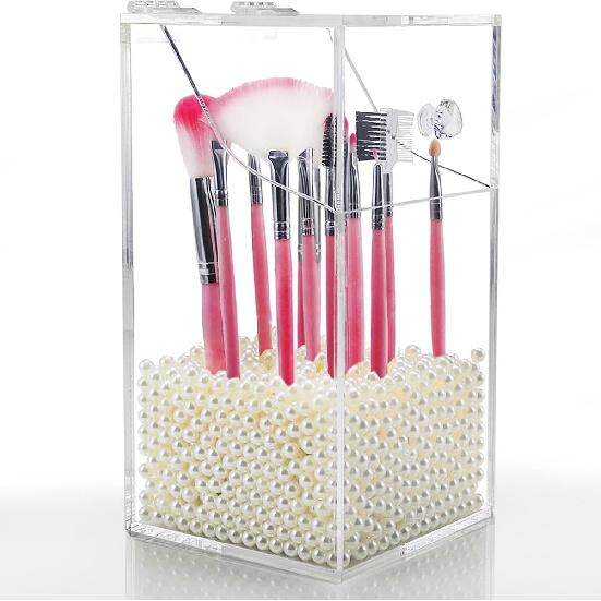 Acrylic Brush Holder,Dustproof Makeup Brush Organizer with Lid, Covered Cosmetic Brush Holder with White Pearls,Clear -NEWCREA
