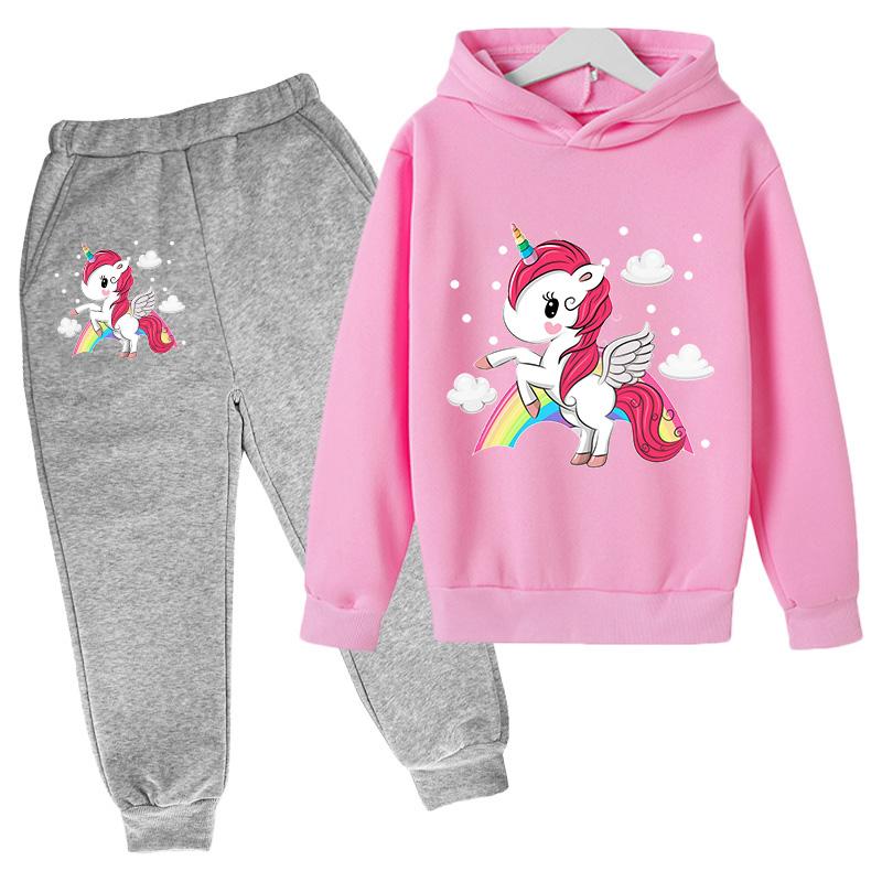 Girls' Hoodie Set Casual Sports Hoodie Set Cartoon Unicorn Print Spring and Autumn CuHK Children Long-sleeved Two-piece Set
