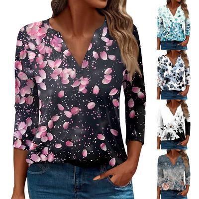 Damska koszulka T-shirt z nadrukiem, rękaw 3/4, codzienny, weekendowy, modny, podstawowy, z dekoltem w kształcie litery V, regularny top