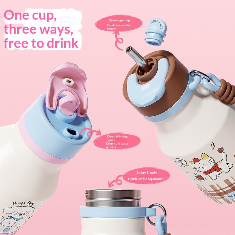 Modern Children's Cartoon Cute Stainless Steel 480ml Leak-Proof Vacuum Insulated Anti-Fall Thickened Strap Water Straw Cup