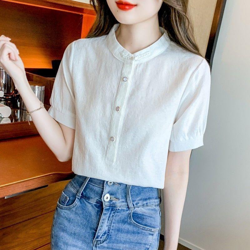 Women Mandarin Collar Short Puff Sleeve Button Front Linen Casual Blouse