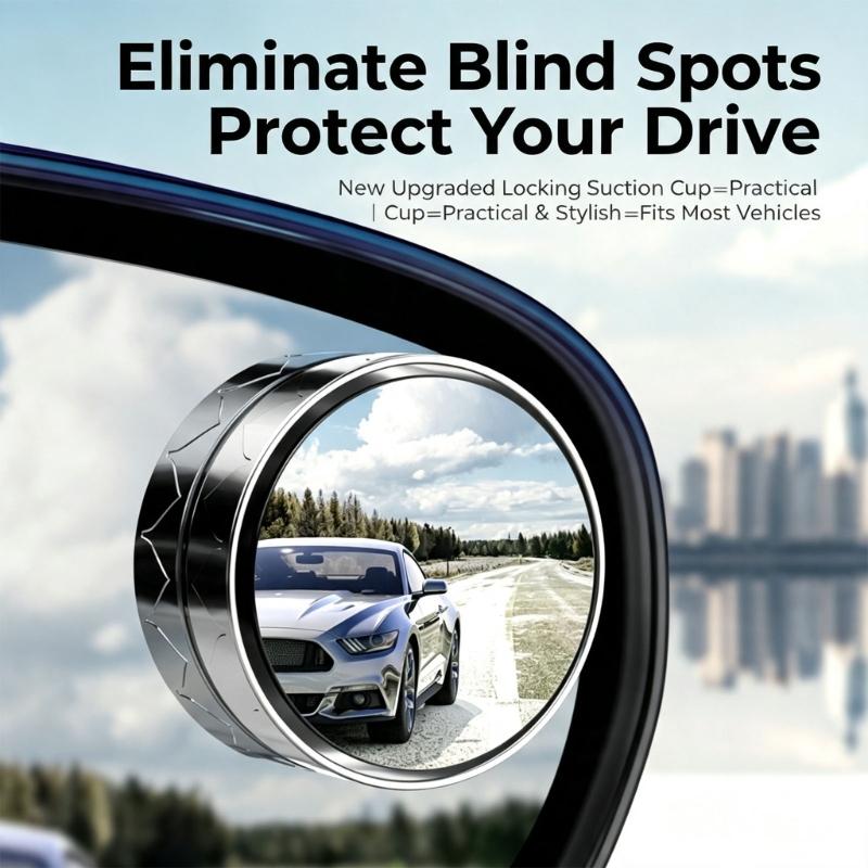 Round Side Mirror Blind Area Mirror Pair, 360 Adjustable Suction Cup Add-On for Rearview Parking and Curbside Checks, Easy To Install