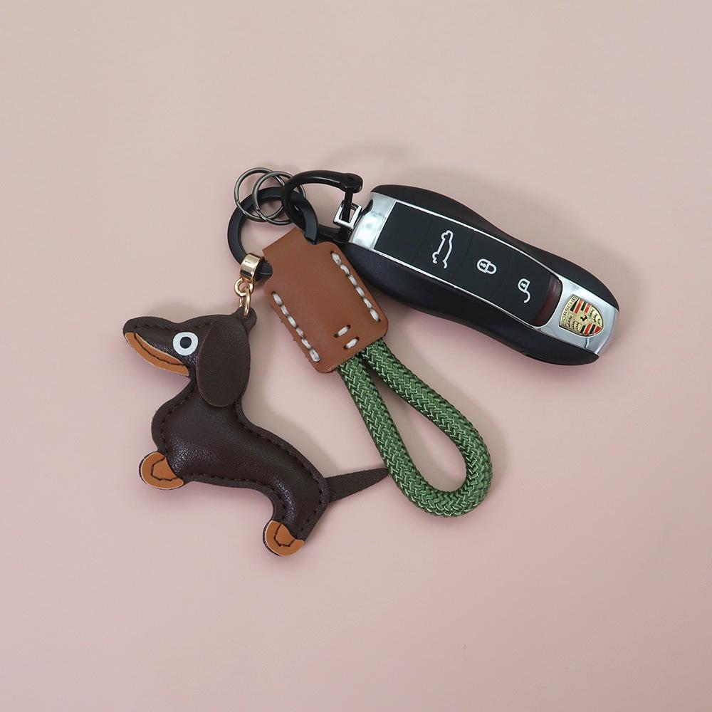 Mini Dachshund Cowhide Keychain: High-Quality Anti-Lost Lanyard with Cute Doll Pendant