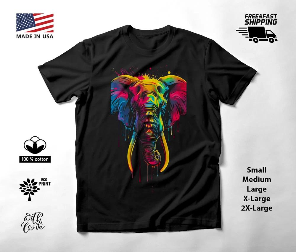 Elephant Portrait Neon Graphic T-Shirt Black Unisex S-2XL