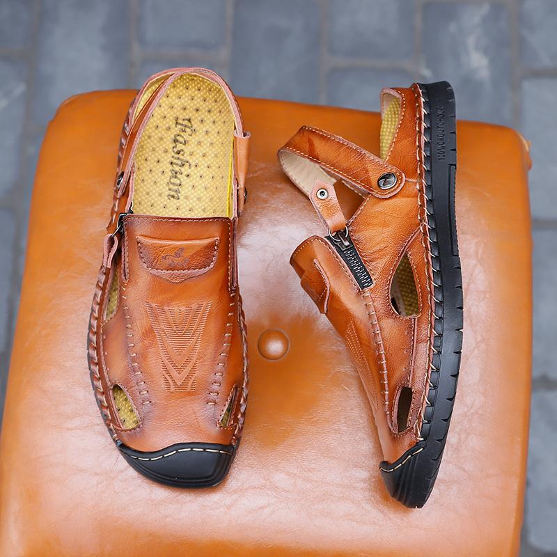 

Высококачественные мужские сандалии из натуральной кожи ручной работы, большой размер 48, сандалии с закрытым носком, удобные мягкие пляжные туфли для мужчин в повседневном стиле 48 коричневый