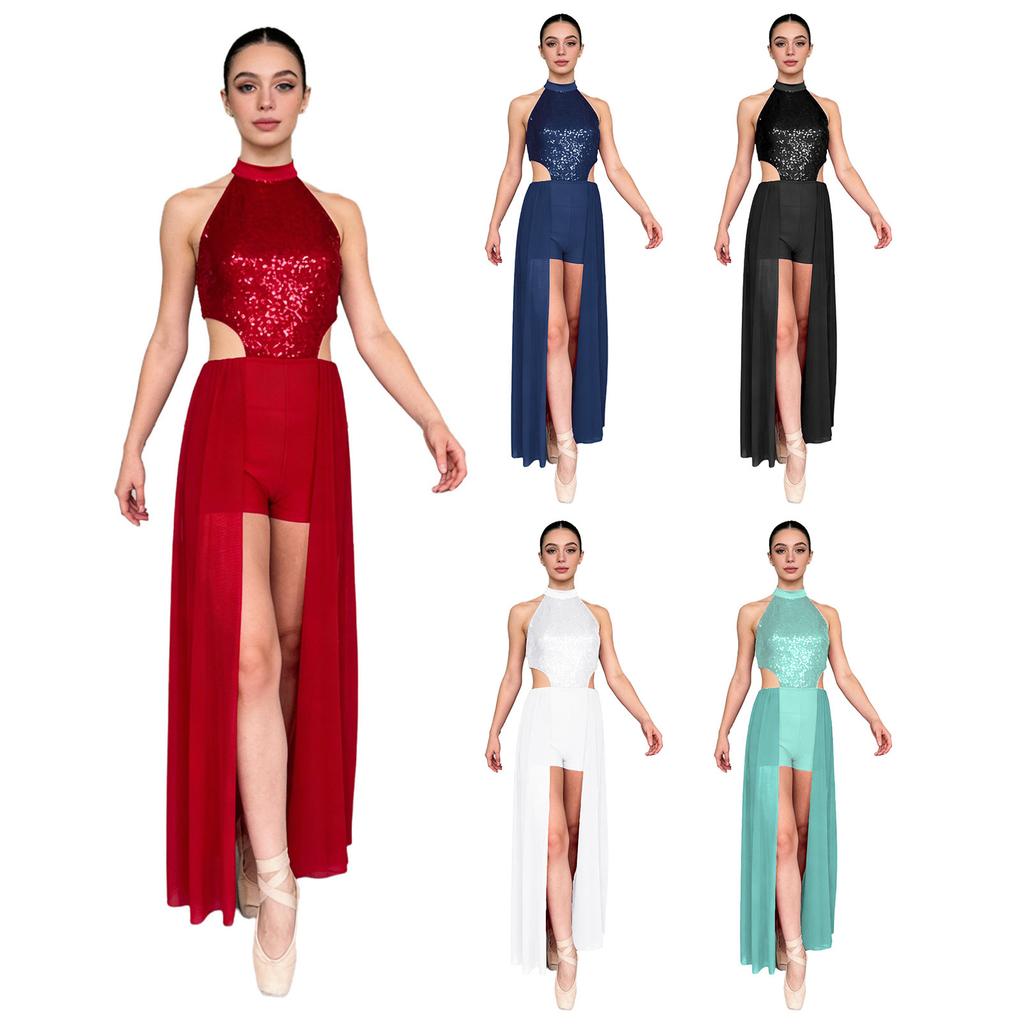Damen rückenfreies Bodysuit-Kleid Pailletten-Oberteil Netzrock integrierter kurzer Unterteil Tanzkleidung