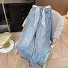 Korean Style High Waist Cuffed Denim Wide-Leg Pants with Lace Belt