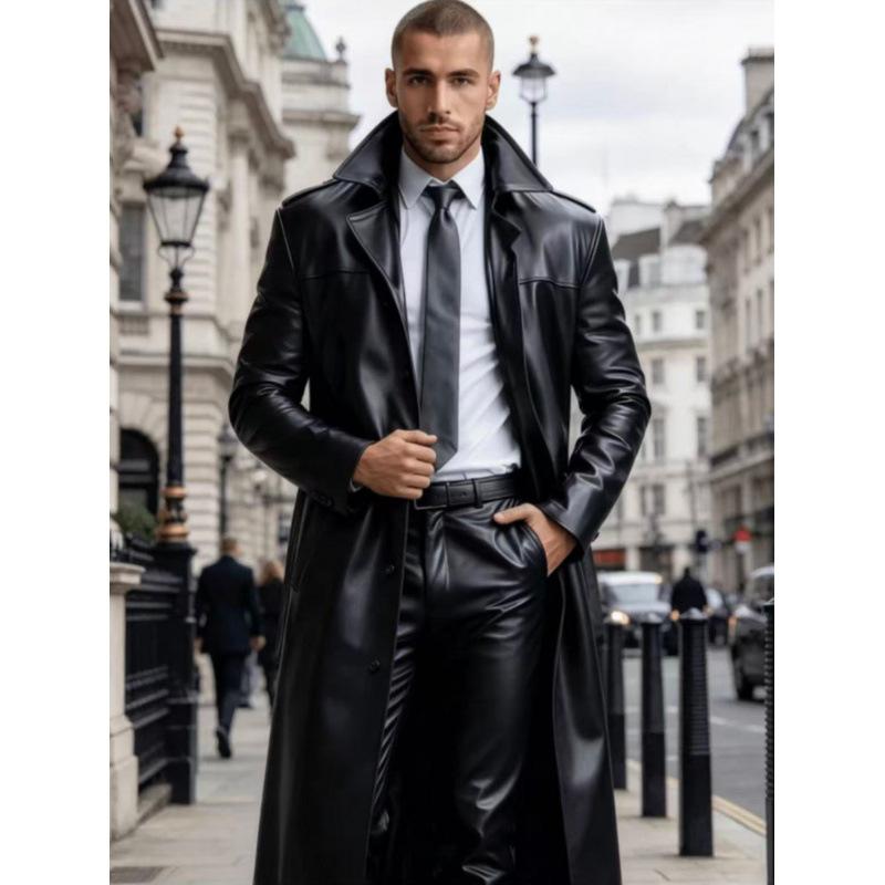 New European and American men's long PU leather trench coat suit collar business casual knee leather coat jacket men's clothing